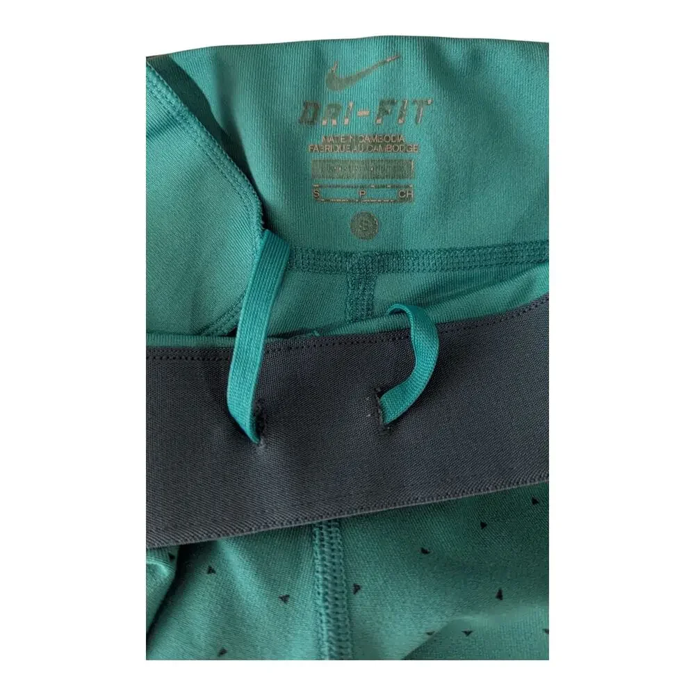 Nike Leggings Womens Small Aqua Drawstring Zip Pocket Yoga Capri Triangle Dots